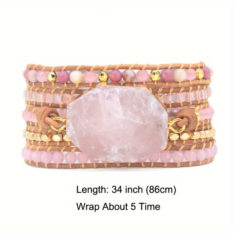[5 Wrap Boho Bracelet] 5 Wrap Natural Rose Crystal Leather Handmade Boho Bracelet Jewelry