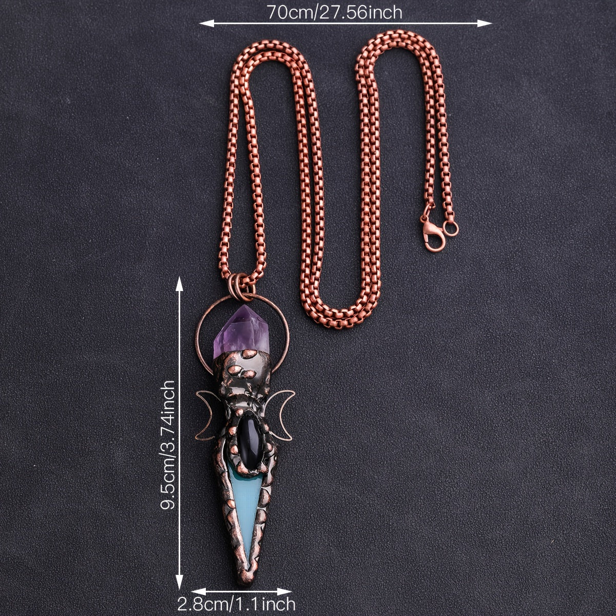 [Bohemian Copper Arrow Necklace] 1pc Bohemian Copper Arrow Double Moon Crystal & Green Agate Natural Stone Necklace - Antique Golden plated Crystal Pendant Jewelry for Men & Women, Spiritual Gift with Original Necklace Chain,