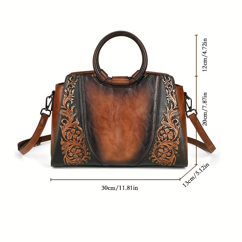 Vintage Women'S Handbag with Floral Embossed Design - Large Capacity Multifunctional Crossbody & Shoulder Bag, Adjustable Strap, Golden-Tone Hardware & Zipper Closure, Two-Tone Brown &, Polyester Lining - Elegant Retro Purse