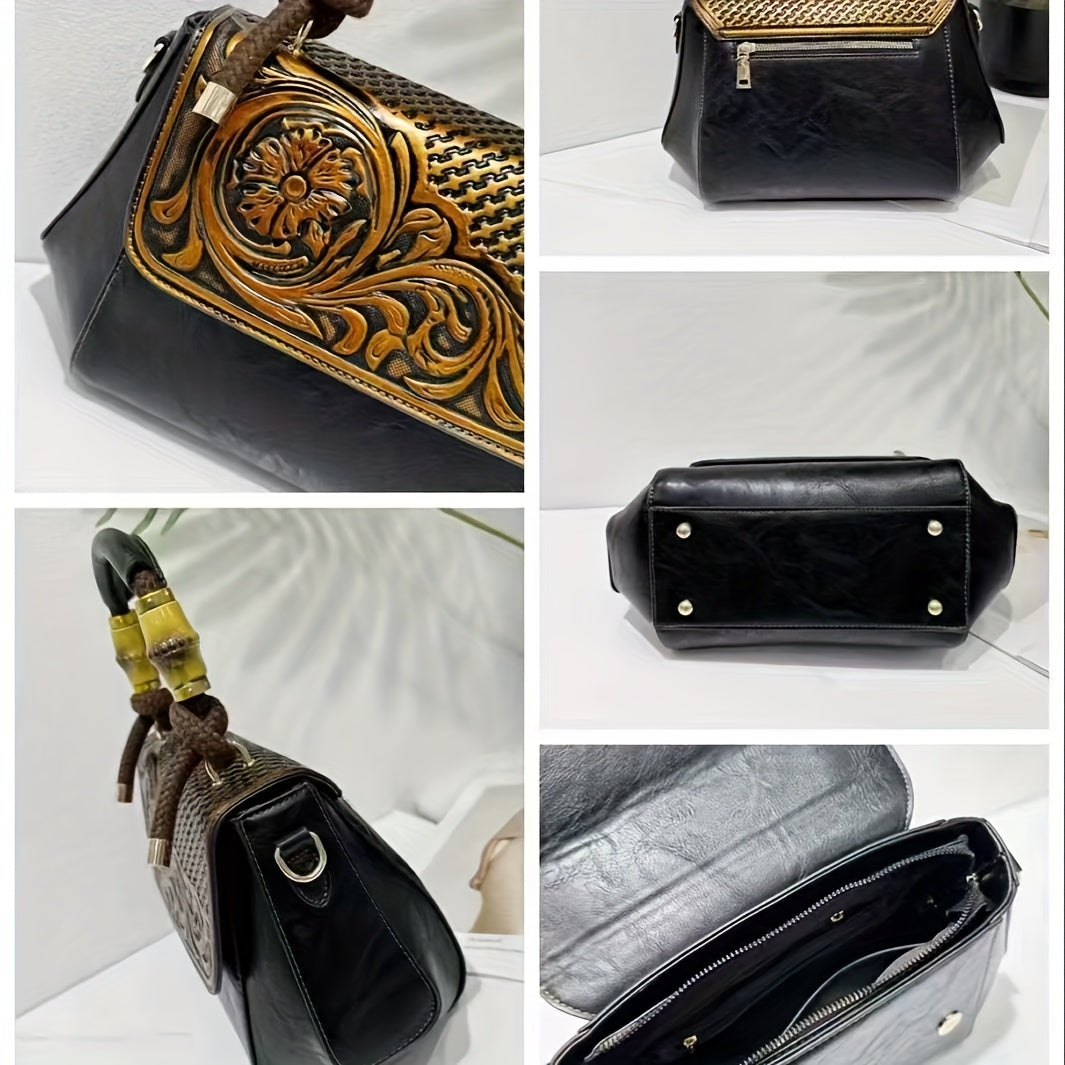 2025 Retro Chinese-Inspired Floral Carved Women's Handbag - Premium Second-Layer Leather Convertible Crossbody/Shoulder Bag with Adjustable Braided Strap, Secure Clasp Closure & Lined Interior - Available in Deep Brown, Beige