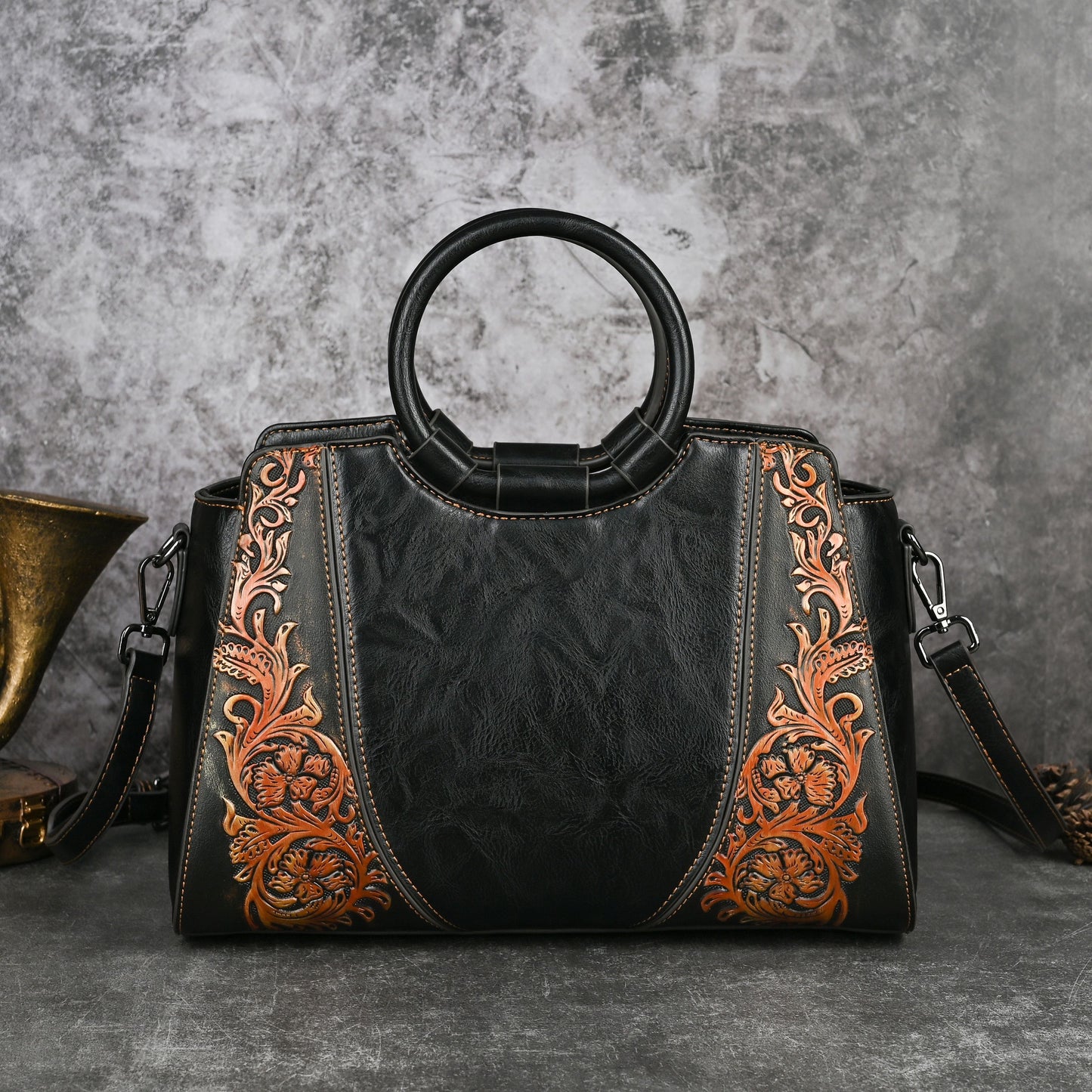 Vintage Women'S Handbag with Floral Embossed Design - Large Capacity Multifunctional Crossbody & Shoulder Bag, Adjustable Strap, Golden-Tone Hardware & Zipper Closure, Two-Tone Brown &, Polyester Lining - Elegant Retro Purse