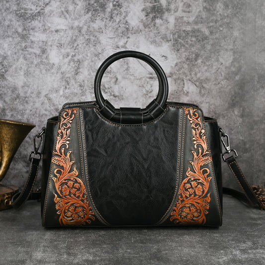 Vintage Women'S Handbag with Floral Embossed Design - Large Capacity Multifunctional Crossbody & Shoulder Bag, Adjustable Strap, Golden-Tone Hardware & Zipper Closure, Two-Tone Brown &, Polyester Lining - Elegant Retro Purse