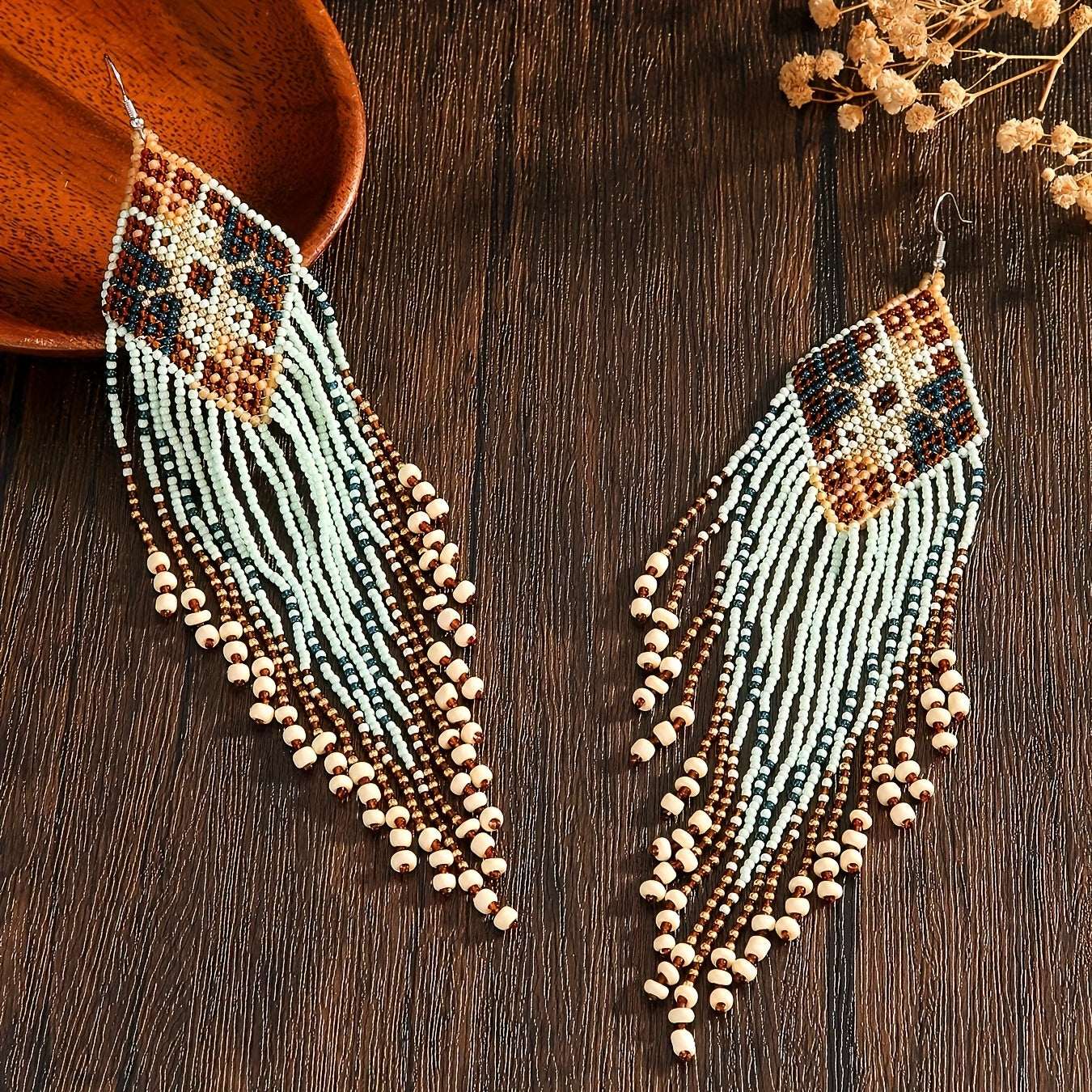 A pair of Women's fashion tassel earrings Bohemian style extra long tassel retro features geometric pattern glass rice beads hand-woven beaded suitable for daily wear leisure holiday wear all kinds of gifts for all seasons