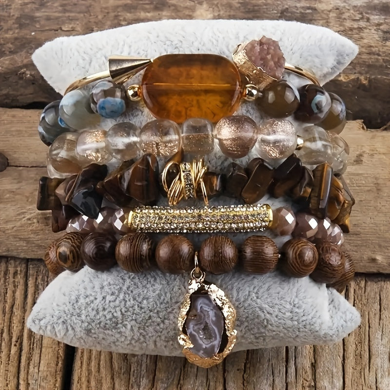 6pcs Boho Chic Natural Stone Stretch Bracelet Set with Druzy Pendant Charm - Elegant Multi-Layer, Stackable Design for Daily & Vacation Wear - Ideal Gift for Friends & Family, Charm Bracelet