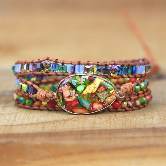 Women Wrap Bracelet Boho Natural Colored Turquoise Jasper Crystal Stone Beads Strand Bracelets