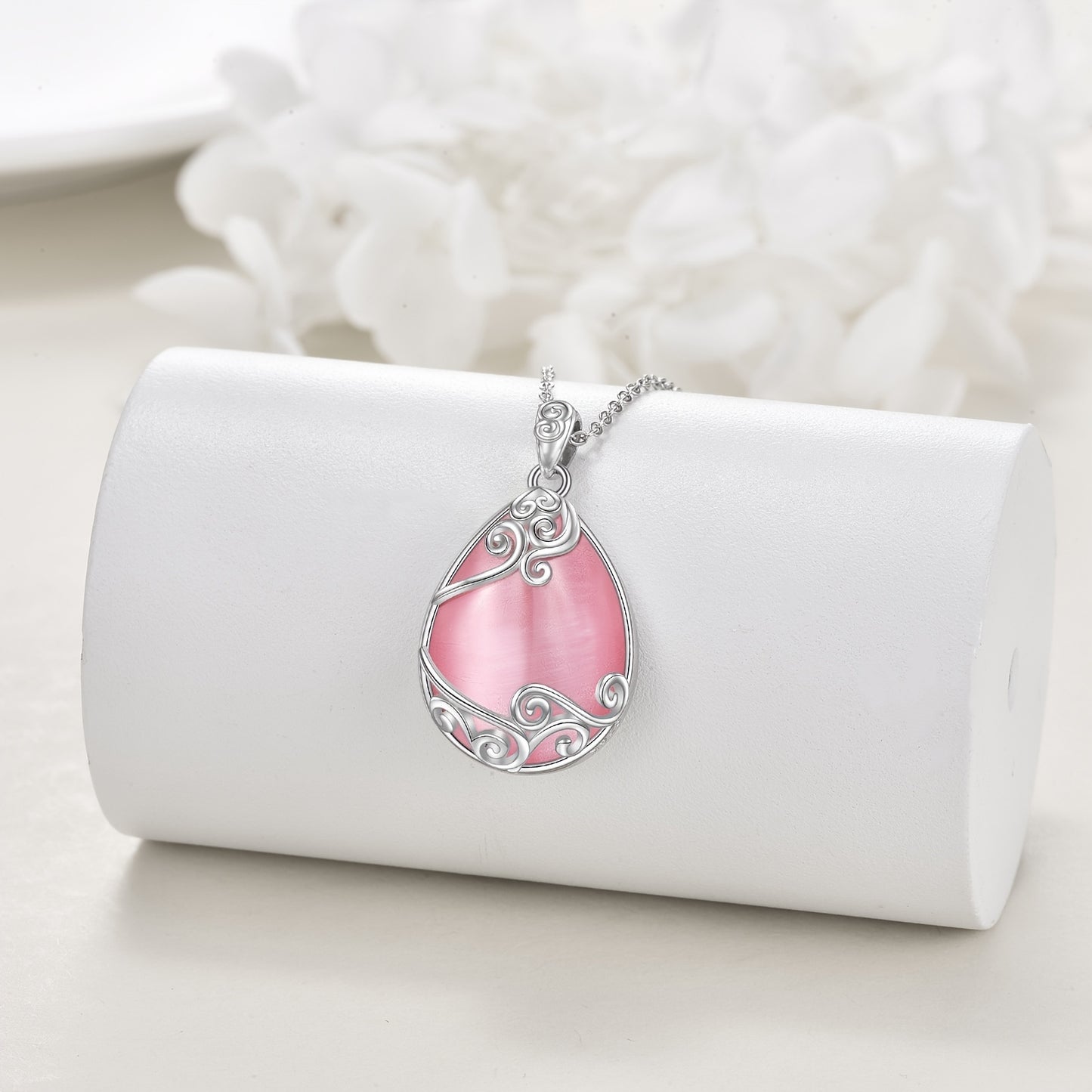 Teardrop Necklace 925 Sterling Silver Pink Natural Stone Necklace Filigree Pendant Necklace Jewelry For Women