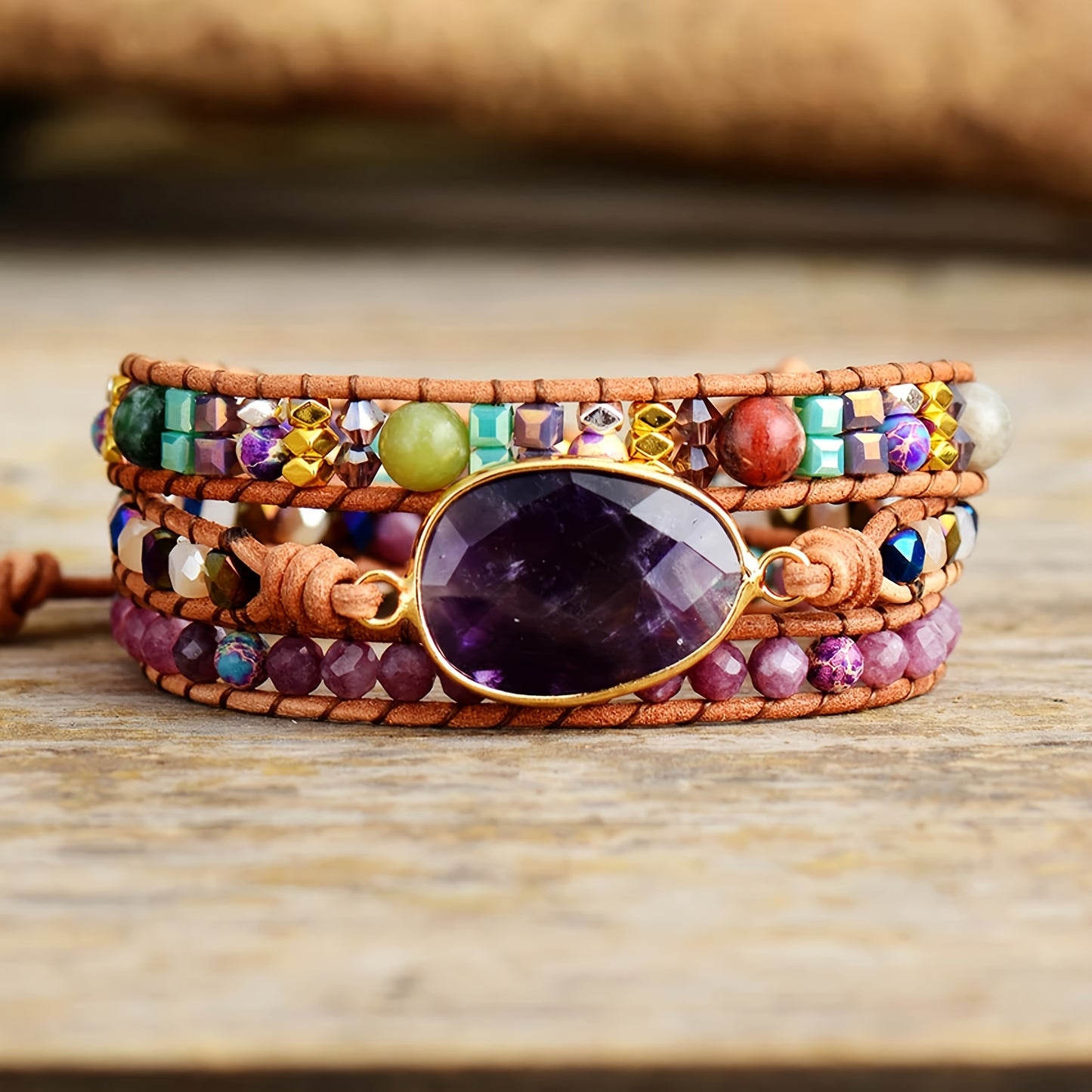 3 Layers Winding Imperial Stone Amethyst Bracelet, Bohemian Handmade Natural Stone Fluorite Crystal Beaded Bracelet for Women