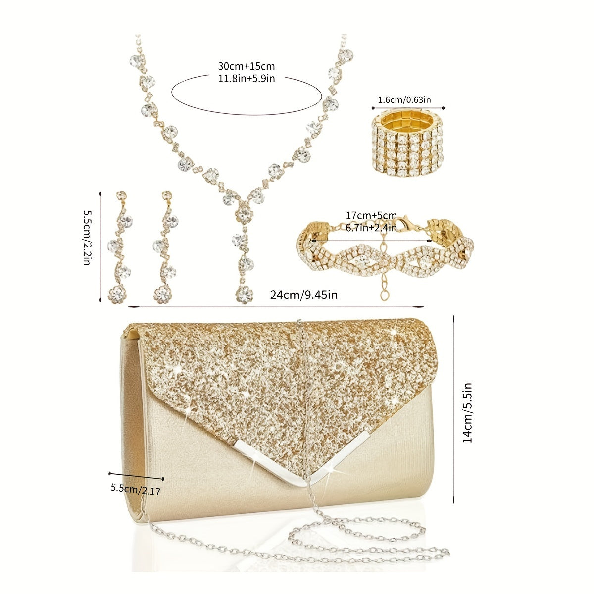 5pcs Elegant Jewelry Set for Women - Chic Clutch, Necklace, Earrings, Bracelet & Ankle Chain, Perfect for Weddings & Formal Events, Wedding Jewelry | Glamorous Jewelry | Embellishments, Jewelry Set