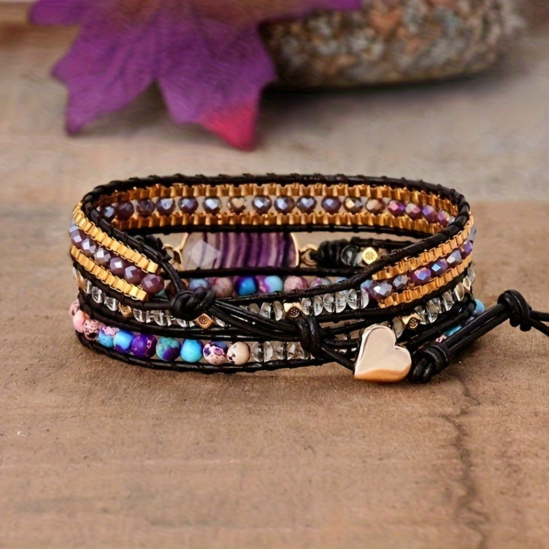 3 Layers Winding Imperial Stone Amethyst Bracelet, Bohemian Handmade Natural Stone Fluorite Crystal Beaded Bracelet for Women