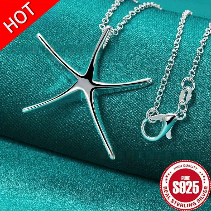 925 Silver Star and Starfish Pendant Necklace - Fashionable Women's Jewelry, Perfect Wedding Accessories, Daily Wear, Holiday Gifts for Friends