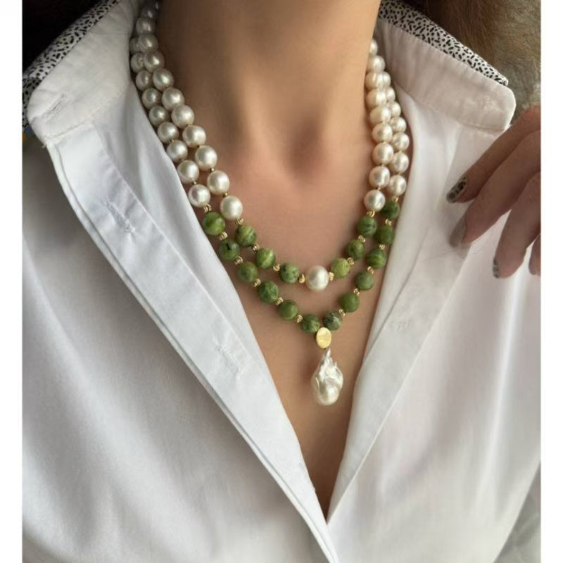Multi-Layered Green Through Gray Fashion Handmade Beaded Necklace, Women's Faux Pearl Necklace, Best Gift for Her, Mother's Day Gift, Girlfriend Teacher's Day Graduation Season Gift, Christmas,, Daily Wear and Party Accessori