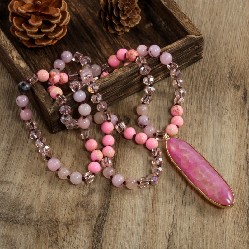 Women's Bohemian Multi-Color Bead Necklace with Pink & Magenta Marbled Teardrop Pendant - Pastel Pink/Green/Beige/Golden/Taupe Beads - Beige-Tone Accentuating Jewelry Gift for Fair Beige Tones, Everyday Boho Necklace (No Plat