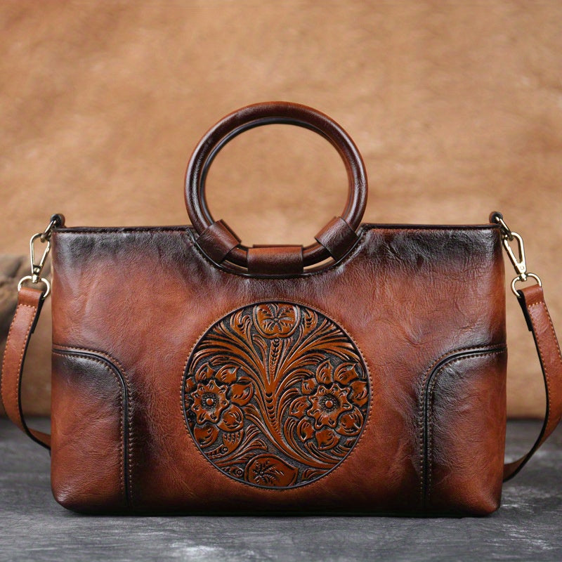 2025 Floral Embossed Crossbody Bag, Ethnic Style Olive Green/Brown Contrast Design, Dual-Use Handheld & Shoulder Bag, Golden-Tone Hardware Zipper Closure, Casual Formal Art Purse, Durable Polyester Lining, Fine Craftsmanship,