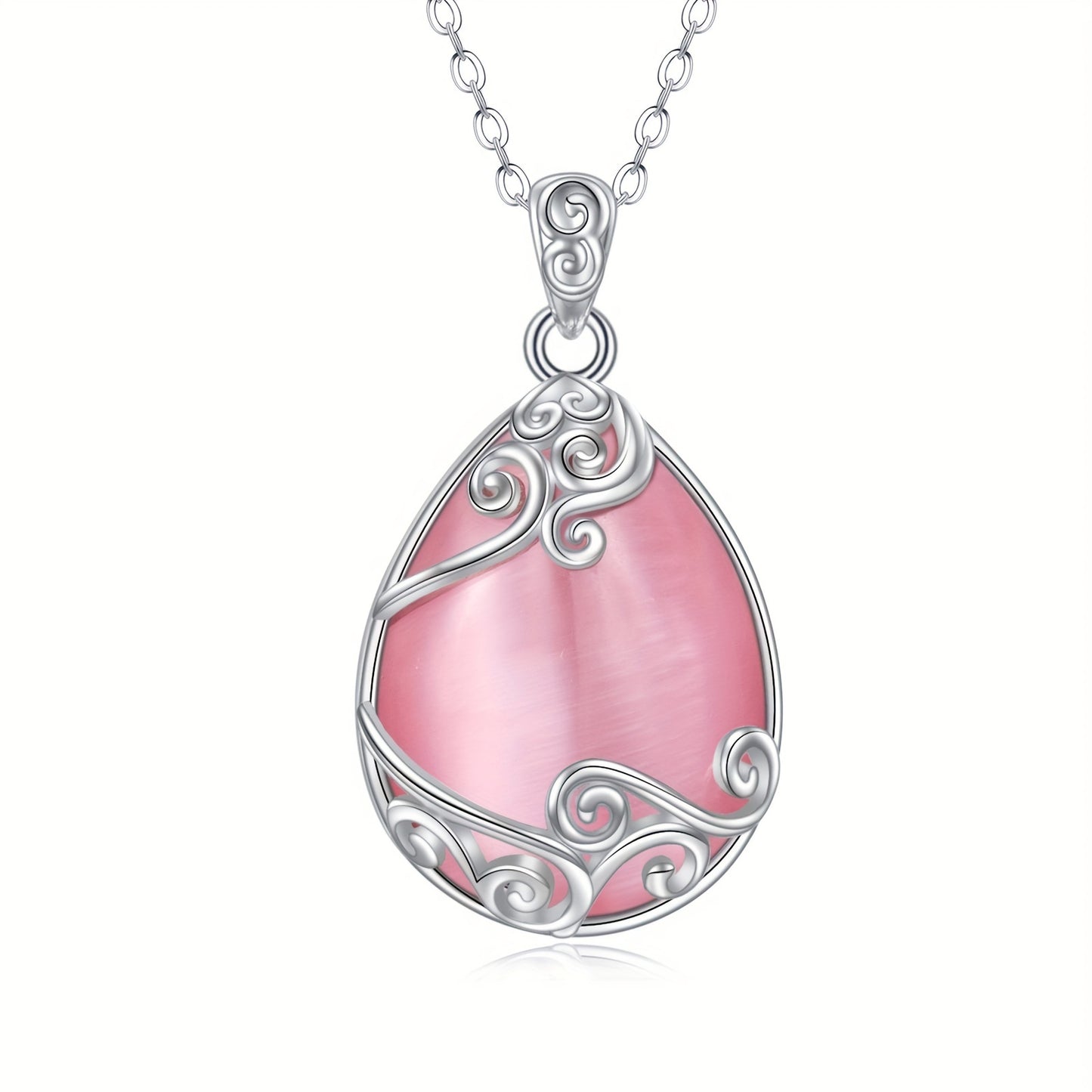 Teardrop Necklace 925 Sterling Silver Pink Natural Stone Necklace Filigree Pendant Necklace Jewelry For Women