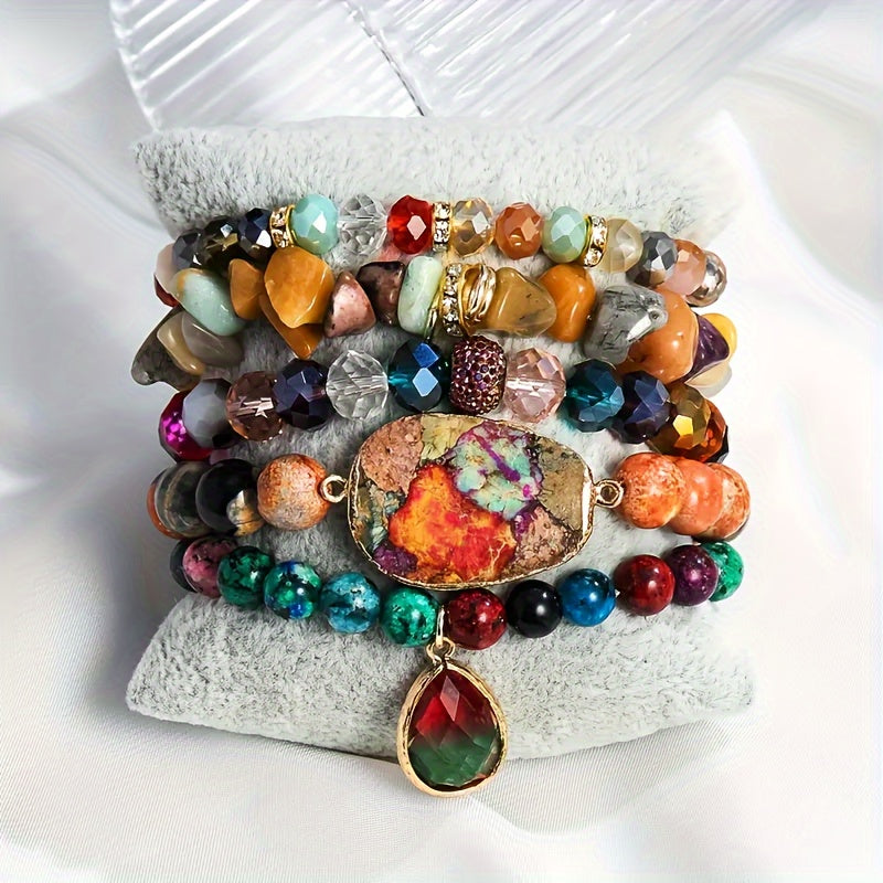 5pcs Natural Stone Bead Pendant String Bead Bracelet Set - Vintage Bohemian Style Stackable Bracelet Jewelry Set