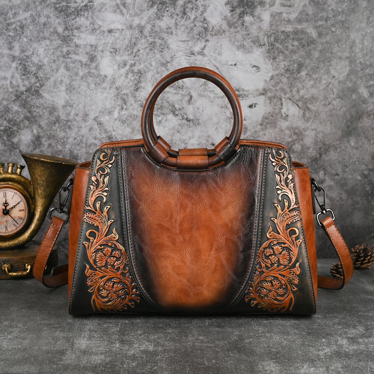 Vintage Women'S Handbag with Floral Embossed Design - Large Capacity Multifunctional Crossbody & Shoulder Bag, Adjustable Strap, Golden-Tone Hardware & Zipper Closure, Two-Tone Brown &, Polyester Lining - Elegant Retro Purse