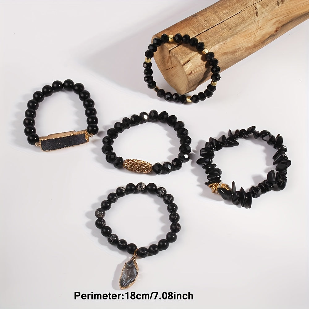 5pcs Boho Natural Stone Beaded Bracelet Set, Stackable Multi-Layer Handmade Stretch Bracelets, Fashion Boho Bracelet Jewelry For Women