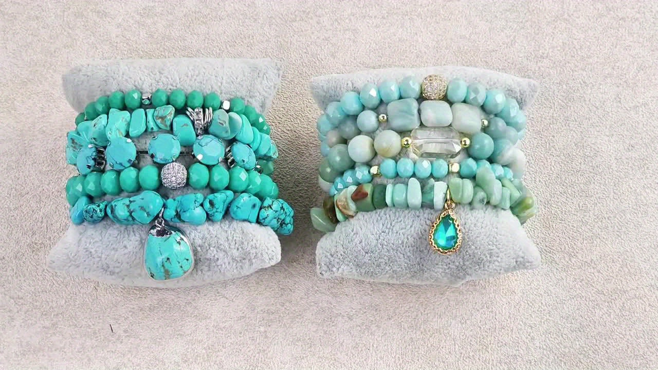 5pcs Boho Beaded Turquoise Bracelet Set, Stackable Multi-Layer Handmade Crystal And Turquoise Stretch Bracelets, Classic Design For Daily And Vacation Wear-Bohemian Elegant Style Suitable For Women Stackable