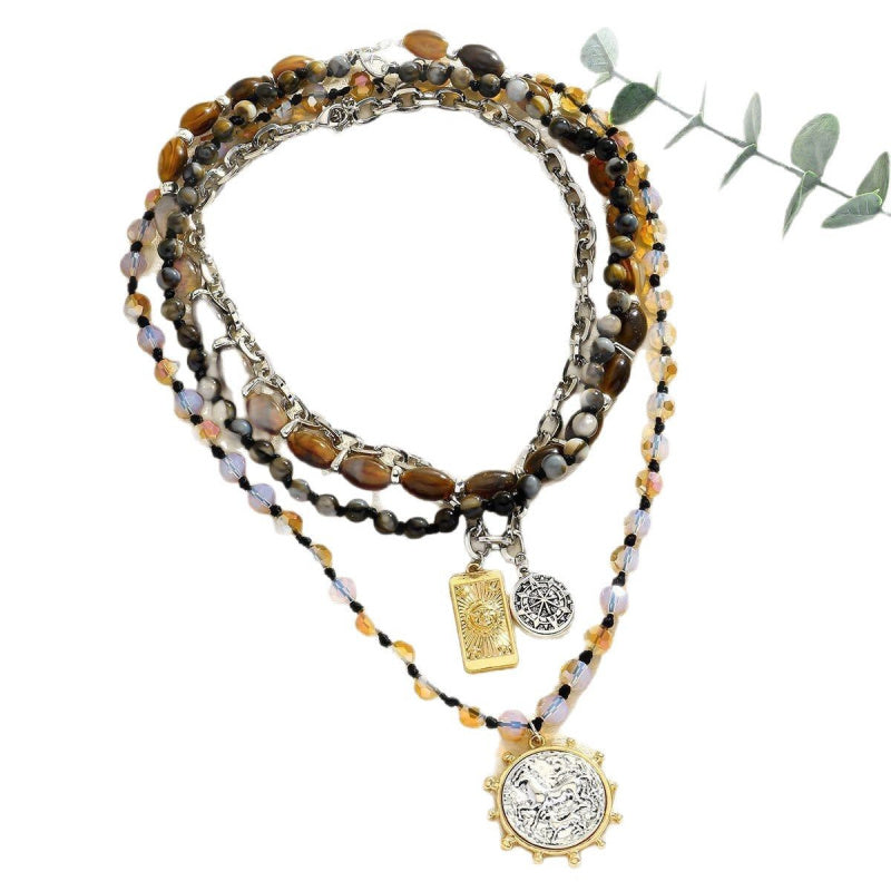 1pc Women's Multi-Layer Beaded Necklace - Blue & Brown Marbled Oval Pendant with Golden-Tone Chain, Retro-Sexy Layered Jewelry for Casual Attire, Valentine's Day Gift, Birthday Party Accessories - Durable Bead & Chain Design,