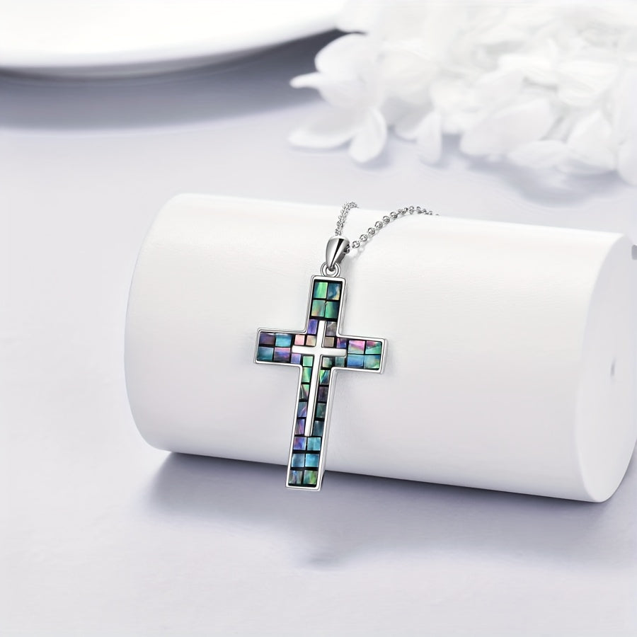 Sterling Silver Cross Necklace with Abalone Shell Pendant - Hypoallergenic, Religious Christian Jewelry Gift for Women