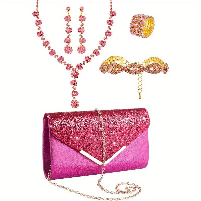5pcs Elegant Jewelry Set for Women - Chic Clutch, Necklace, Earrings, Bracelet & Ankle Chain, Perfect for Weddings & Formal Events, Wedding Jewelry | Glamorous Jewelry | Embellishments, Jewelry Set